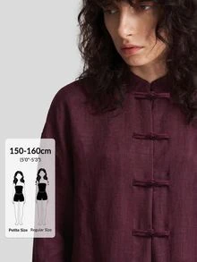 Ontre Petite Women's Burgundy Chinese Style Frog Button Dropped Shoulder Long Sleeve Shirt Elastic Waist Straight Leg Pants 2 Pieces Set Fall Casual Everyday - Burgundy - View 3