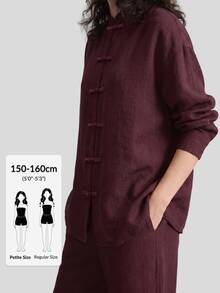 Ontre Petite Women's Burgundy Chinese Style Frog Button Dropped Shoulder Long Sleeve Shirt Elastic Waist Straight Leg Pants 2 Pieces Set Fall Casual Everyday - Burgundy - View 1