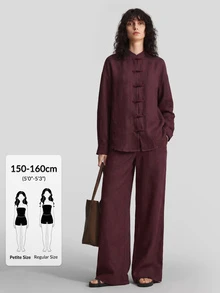 Ontre Petite Women's Burgundy Chinese Style Frog Button Dropped Shoulder Long Sleeve Shirt Elastic Waist Straight Leg Pants 2 Pieces Set Fall Casual Everyday - Burgundy - View 4