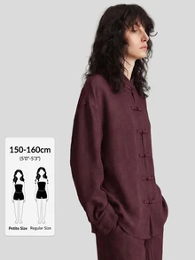 Ontre Petite Women's Burgundy Chinese Style Frog Button Dropped Shoulder Long Sleeve Shirt Elastic Waist Straight Leg Pants 2 Pieces Set Fall Casual Everyday - Burgundy - View 7