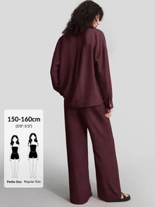 Ontre Petite Women's Burgundy Chinese Style Frog Button Dropped Shoulder Long Sleeve Shirt Elastic Waist Straight Leg Pants 2 Pieces Set Fall Casual Everyday - Burgundy - View 2
