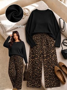 Elaquor Vintage Leopard Print Pants + Long Sleeve Top Plus Size Women Round Neck Loose T-Shirt And Loose Straight Leg Pants 2 Pieces Set - Multicolor - View 7