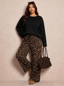 Elaquor Vintage Leopard Print Pants + Long Sleeve Top Plus Size Women Round Neck Loose T-Shirt And Loose Straight Leg Pants 2 Pieces Set - Multicolor - View 4