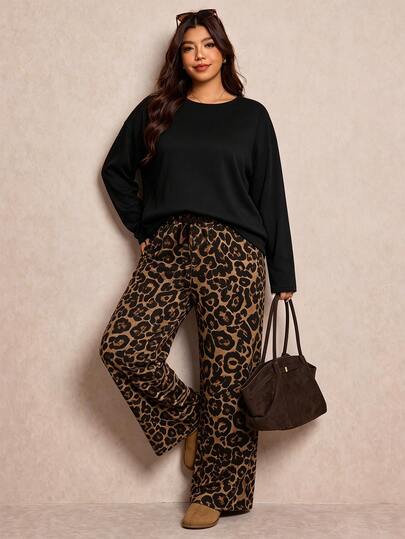 Elaquor Vintage Leopard Print Pants + Long Sleeve Top Plus Size Women Round Neck Loose T-Shirt And Loose Straight Leg Pants 2 Pieces Set