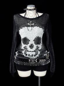 Sunspun Plus Size Women's Vintage Gothic Off-Shoulder Hollow Knit Casual Loose Long Sleeve Top, Y2K Millennium Style Skull & Cross Jacquard Loose Cover-Up, Niche Punk Rock Thin Sweater, Streetwear Cold Shoulder Dark Aesthetic Knit Pullover, Suitable For Halloween, Autumn/Winter - Black and White - View 5