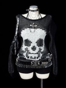 Sunspun Plus Size Women's Vintage Gothic Off-Shoulder Hollow Knit Casual Loose Long Sleeve Top, Y2K Millennium Style Skull & Cross Jacquard Loose Cover-Up, Niche Punk Rock Thin Sweater, Streetwear Cold Shoulder Dark Aesthetic Knit Pullover, Suitable For Halloween, Autumn/Winter - Black and White - View 8