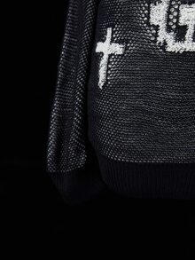 Sunspun Plus Size Women's Vintage Gothic Off-Shoulder Hollow Knit Casual Loose Long Sleeve Top, Y2K Millennium Style Skull & Cross Jacquard Loose Cover-Up, Niche Punk Rock Thin Sweater, Streetwear Cold Shoulder Dark Aesthetic Knit Pullover, Suitable For Halloween, Autumn/Winter - Black and White - View 4