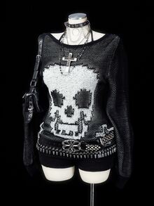 Sunspun Plus Size Women's Vintage Gothic Off-Shoulder Hollow Knit Casual Loose Long Sleeve Top, Y2K Millennium Style Skull & Cross Jacquard Loose Cover-Up, Niche Punk Rock Thin Sweater, Streetwear Cold Shoulder Dark Aesthetic Knit Pullover, Suitable For Halloween, Autumn/Winter - Black and White - View 7