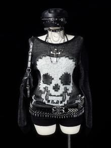 Sunspun Plus Size Women's Vintage Gothic Off-Shoulder Hollow Knit Casual Loose Long Sleeve Top, Y2K Millennium Style Skull & Cross Jacquard Loose Cover-Up, Niche Punk Rock Thin Sweater, Streetwear Cold Shoulder Dark Aesthetic Knit Pullover, Suitable For Halloween, Autumn/Winter - Black and White - View 6