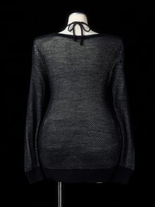 Sunspun Plus Size Women's Vintage Gothic Off-Shoulder Hollow Knit Casual Loose Long Sleeve Top, Y2K Millennium Style Skull & Cross Jacquard Loose Cover-Up, Niche Punk Rock Thin Sweater, Streetwear Cold Shoulder Dark Aesthetic Knit Pullover, Suitable For Halloween, Autumn/Winter - Black and White - View 2
