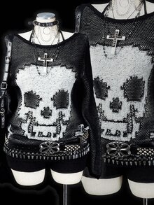 Sunspun Plus Size Women's Vintage Gothic Off-Shoulder Hollow Knit Casual Loose Long Sleeve Top, Y2K Millennium Style Skull & Cross Jacquard Loose Cover-Up, Niche Punk Rock Thin Sweater, Streetwear Cold Shoulder Dark Aesthetic Knit Pullover, Suitable For Halloween, Autumn/Winter - Black and White - View 1