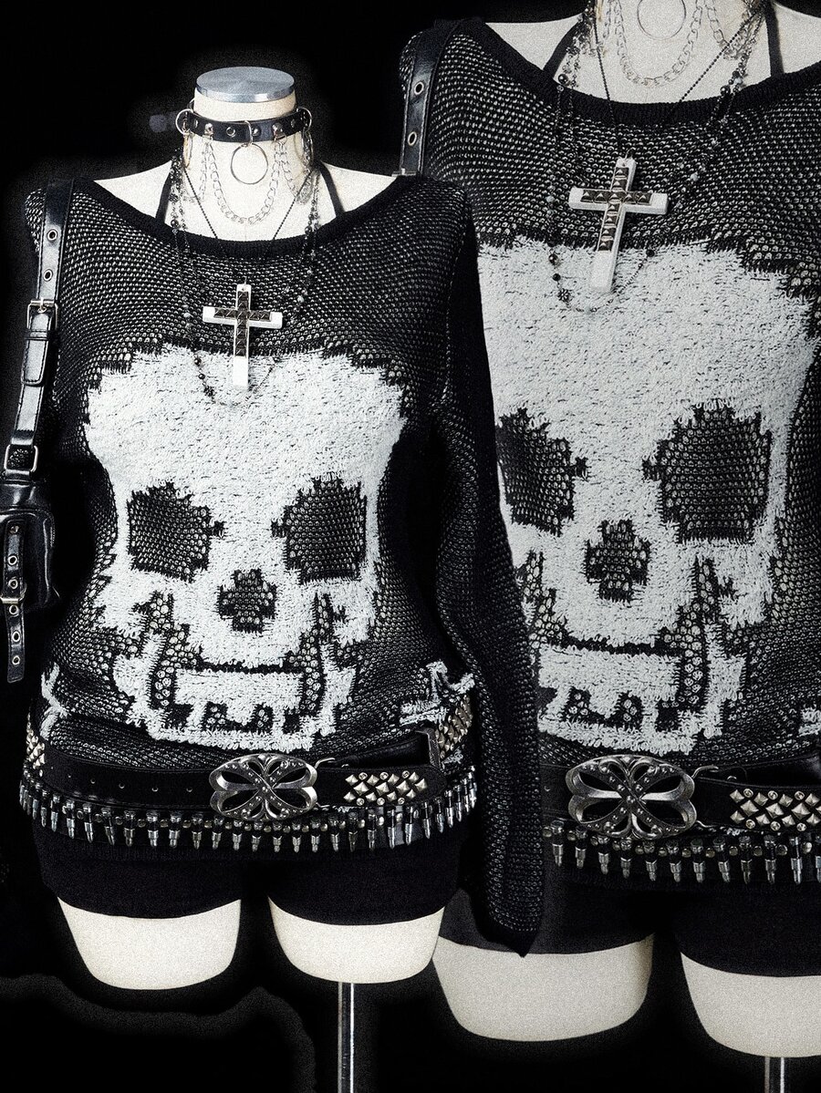 Sunspun Plus Size Women's Vintage Gothic Off-Shoulder Hollow Knit Casual Loose Long Sleeve Top, Y2K Millennium Style Skull & Cross Jacquard Loose Cover-Up, Niche Punk Rock Thin Sweater, Streetwear Cold Shoulder Dark Aesthetic Knit Pullover, Suitable For Halloween, Autumn/Winter - Black and White - View 1