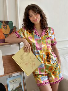 Chillnights Set Piyama Satin Nyaman untuk Wanita dengan Motif Leopard, Nanas, Bunga, dan Geometris yang Kontras, Kerah Bermotif Leopard - MultiWarna - View 1
