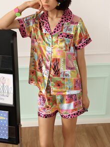 Chillnights Set Piyama Satin Nyaman untuk Wanita dengan Motif Leopard, Nanas, Bunga, dan Geometris yang Kontras, Kerah Bermotif Leopard - MultiWarna - View 10