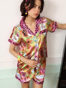 Chillnights Set Piyama Satin Nyaman untuk Wanita dengan Motif Leopard, Nanas, Bunga, dan Geometris yang Kontras, Kerah Bermotif Leopard - MultiWarna - View 9