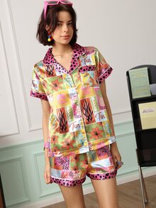 Chillnights Set Piyama Satin Nyaman untuk Wanita dengan Motif Leopard, Nanas, Bunga, dan Geometris yang Kontras, Kerah Bermotif Leopard - MultiWarna - View 7