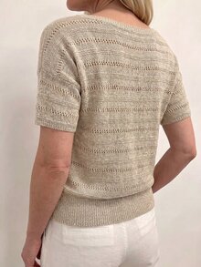 Sprig & Strand Spring/Summer French Gentle Style Striped Hollow Knit Top, Lazy Relaxed Fit Round Neck Drop Shoulder Short Sleeve Cropped Ribbed Hem Blouse, Daily Commute Vacation Layering Versatile Relaxed Style Knit Top For Women - Khaki - View 2