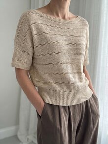 Sprig & Strand Spring/Summer French Gentle Style Striped Hollow Knit Top, Lazy Relaxed Fit Round Neck Drop Shoulder Short Sleeve Cropped Ribbed Hem Blouse, Daily Commute Vacation Layering Versatile Relaxed Style Knit Top For Women - Khaki - View 4
