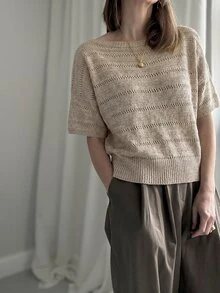 Sprig & Strand Spring/Summer French Gentle Style Striped Hollow Knit Top, Lazy Relaxed Fit Round Neck Drop Shoulder Short Sleeve Cropped Ribbed Hem Blouse, Daily Commute Vacation Layering Versatile Relaxed Style Knit Top For Women - Khaki - View 7