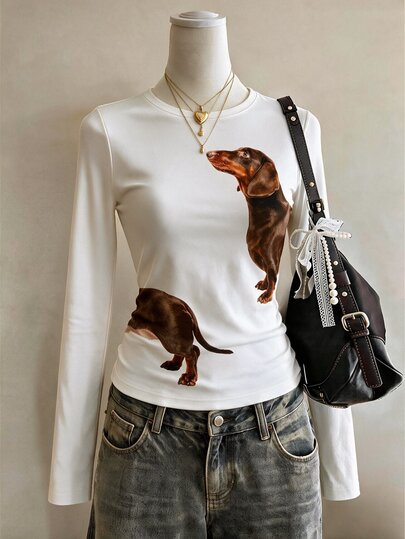 Lalippa Puppy Pattern Digital Print Fashion Minimalist Women's Extra Long Sleeve Crew Neck T-Shirt, Gift For Friends