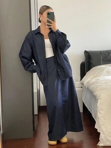 Livesso Autumn/Winter New Loose Casual Urban Style Women Denim 2 Pieces Set - Blue - View 3