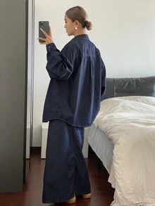 Livesso Autumn/Winter New Loose Casual Urban Style Women Denim 2 Pieces Set - Blue - View 2