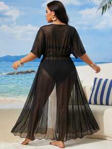 Swim Lushoire 2026 New Summer Beach Solid Black Plus Size Kimono - Black - View 2