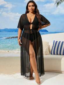 Swim Lushoire 2026 New Summer Beach Solid Black Plus Size Kimono - Black - View 6