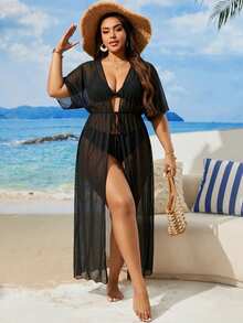 Swim Lushoire 2026 New Summer Beach Solid Black Plus Size Kimono - Black - View 4