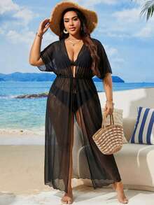 Swim Lushoire 2026 New Summer Beach Solid Black Plus Size Kimono - Black - View 1