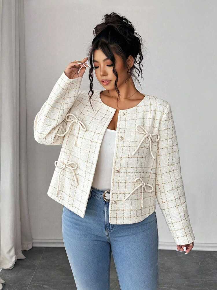 Elenzga Plus Size Women's Plaid Bow Decor Casual Versatile Daily Long Sleeve Jacket Fall - White - View 6