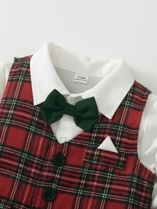 SHEIN 3件組男嬰紳士風套裝：背心與長袖襯衫、長褲，秋冬款，嬰兒/幼兒服飾套裝，優雅造型，適合婚禮、聖誕穿著 - 彩色 - 查看 5