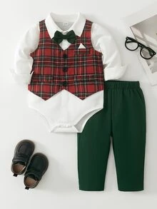 SHEIN 3件組男嬰紳士風套裝：背心與長袖襯衫、長褲，秋冬款，嬰兒/幼兒服飾套裝，優雅造型，適合婚禮、聖誕穿著 - 彩色 - 查看 3
