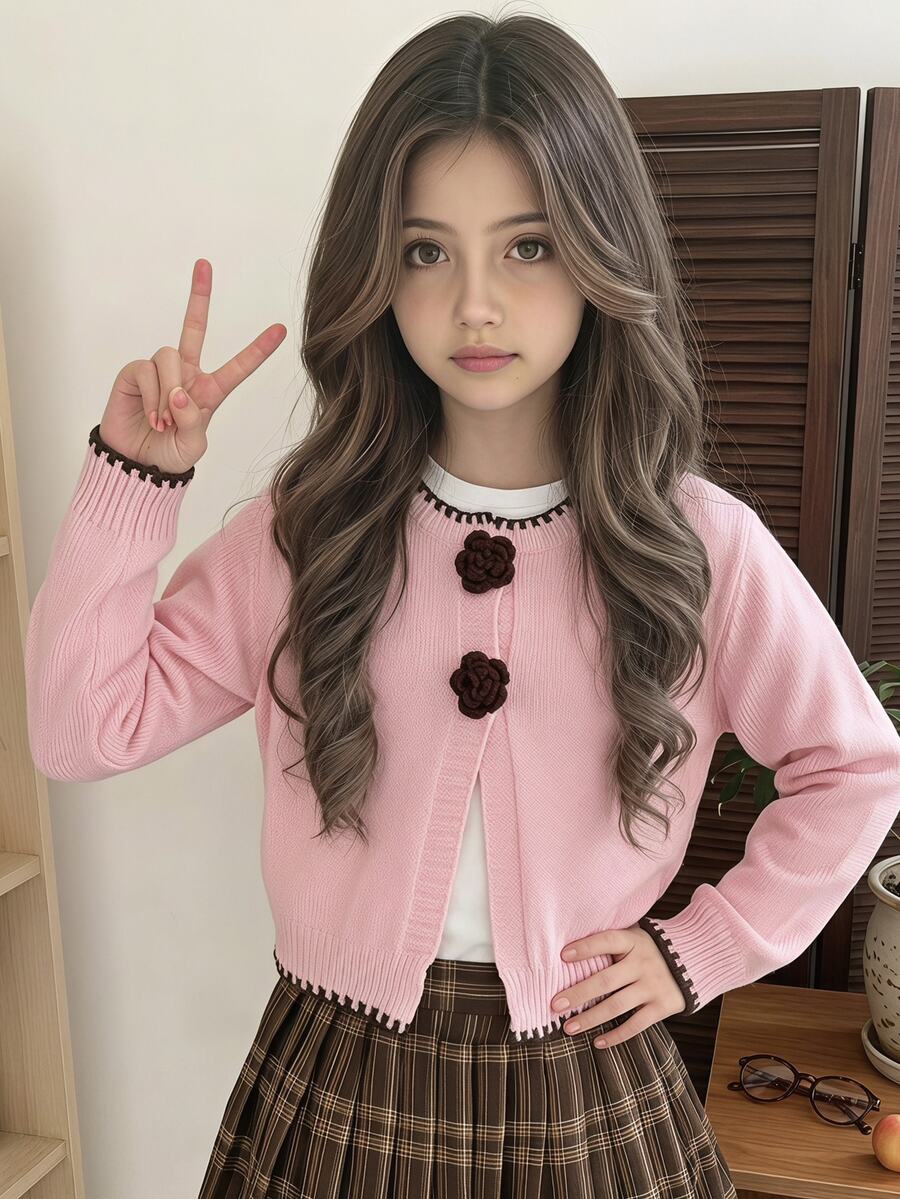 Tween Girl 3D Floral Decor Long Sleeve Knit Cardigan - Pink - View 1