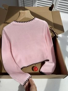 Tween Girl 3D Floral Decor Long Sleeve Knit Cardigan - Pink - View 2