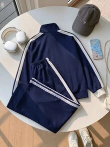 SHEIN 兒童青少年女孩秋冬海軍藍蝴蝶結印花拼接白色條紋長袖拉鍊夾克與褲子套裝，返校禮服，萬聖節秋季風格聖誕冬季 - 寶藍色 - 查看 5