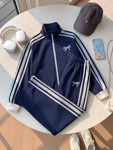 SHEIN 兒童青少年女孩秋冬海軍藍蝴蝶結印花拼接白色條紋長袖拉鍊夾克與褲子套裝，返校禮服，萬聖節秋季風格聖誕冬季 - 寶藍色 - 查看 4