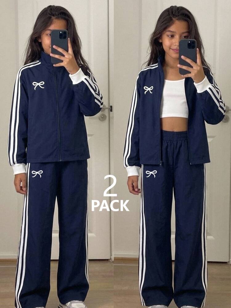 SHEIN طقم جاكيت وسروال للأطفال والفتيات المراهقات، أزرق داكن مع طباعة فيونكة وتصميم مرقع وخطوط بيضاء، بأكمام طويلة وسحاب، مناسب للخريف والشتاء، فستان حفل العودة للمنزل، هالوين، نمط الخريف والكريسماس والشتاء - أزرق غامق - مشاهدة 1
