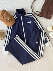 SHEIN 兒童青少年女孩秋冬海軍藍蝴蝶結印花拼接白色條紋長袖拉鍊夾克與褲子套裝，返校禮服，萬聖節秋季風格聖誕冬季 - 寶藍色 - 查看 7