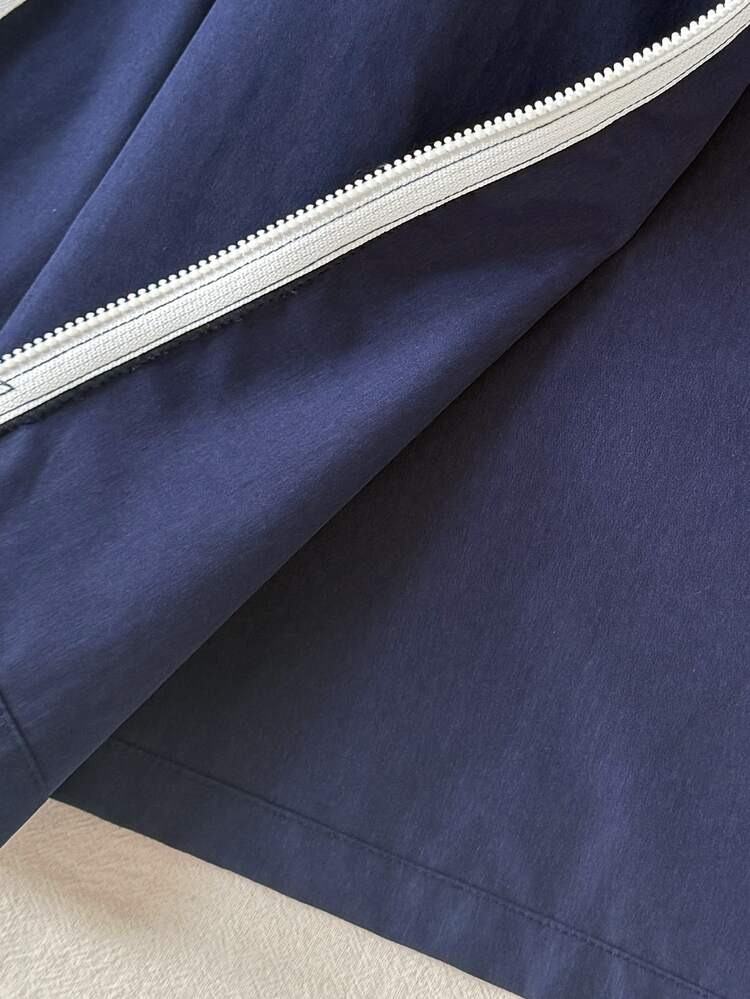 SHEIN طقم جاكيت وسروال للأطفال والفتيات المراهقات، أزرق داكن مع طباعة فيونكة وتصميم مرقع وخطوط بيضاء، بأكمام طويلة وسحاب، مناسب للخريف والشتاء، فستان حفل العودة للمنزل، هالوين، نمط الخريف والكريسماس والشتاء - أزرق غامق - مشاهدة 8
