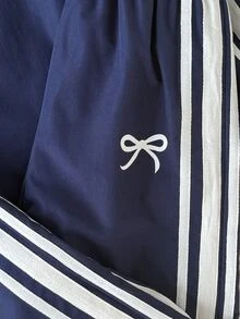 SHEIN 兒童青少年女孩秋冬海軍藍蝴蝶結印花拼接白色條紋長袖拉鍊夾克與褲子套裝，返校禮服，萬聖節秋季風格聖誕冬季 - 寶藍色 - 查看 6