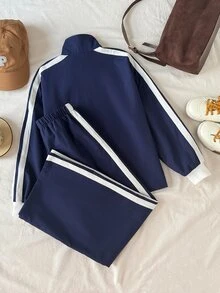 SHEIN 兒童青少年女孩秋冬海軍藍蝴蝶結印花拼接白色條紋長袖拉鍊夾克與褲子套裝，返校禮服，萬聖節秋季風格聖誕冬季 - 寶藍色 - 查看 2