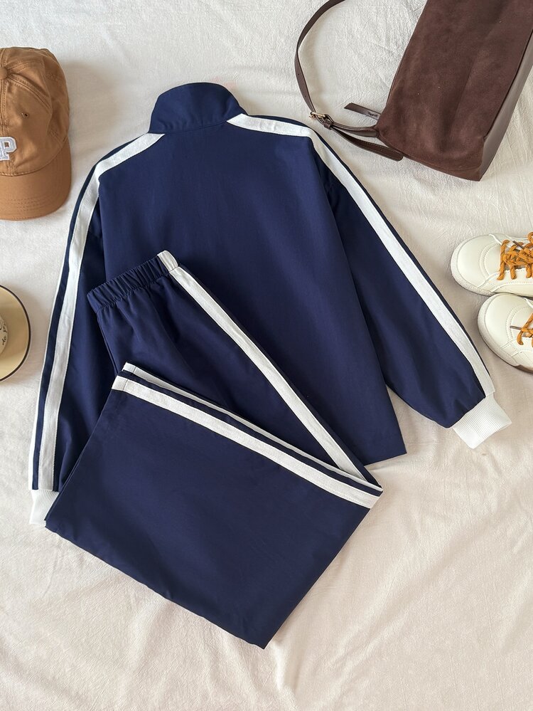 SHEIN طقم جاكيت وسروال للأطفال والفتيات المراهقات، أزرق داكن مع طباعة فيونكة وتصميم مرقع وخطوط بيضاء، بأكمام طويلة وسحاب، مناسب للخريف والشتاء، فستان حفل العودة للمنزل، هالوين، نمط الخريف والكريسماس والشتاء - أزرق غامق - مشاهدة 2