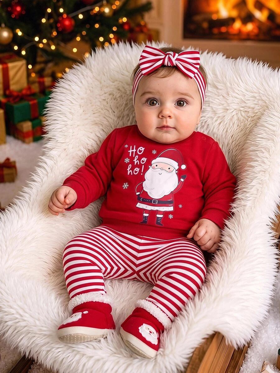 SHEIN Newborn Baby Girl Cute Casual Knitted Cartoon Pattern Sweatshirt & Elastic Waist Striped Long Pants Set Suitable For Christmas Outfits - Red - View 1