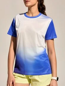 SHEIN Sports 女款紮染圓領寬鬆戶外T恤網球衫女款運動T恤網球衫亮色T恤 - 藍色 - 查看 2