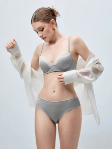 Hourtrue 1 Set Light Gray Lace Patchwork Women's Bra With Underwire & Lace Patchwork Panty Set - Light Grey - View 7