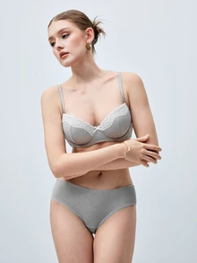 Hourtrue 1 Set Light Gray Lace Patchwork Women's Bra With Underwire & Lace Patchwork Panty Set - Light Grey - View 6