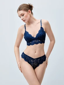 Softvol Women's Romantic Elegant Floral Lace Wireless Bra And Panty Set - Navy Blue - View 6