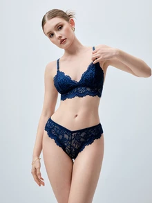 Softvol Women's Romantic Elegant Floral Lace Wireless Bra And Panty Set - Navy Blue - View 5