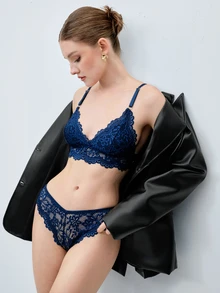 Softvol Women's Romantic Elegant Floral Lace Wireless Bra And Panty Set - Navy Blue - View 9